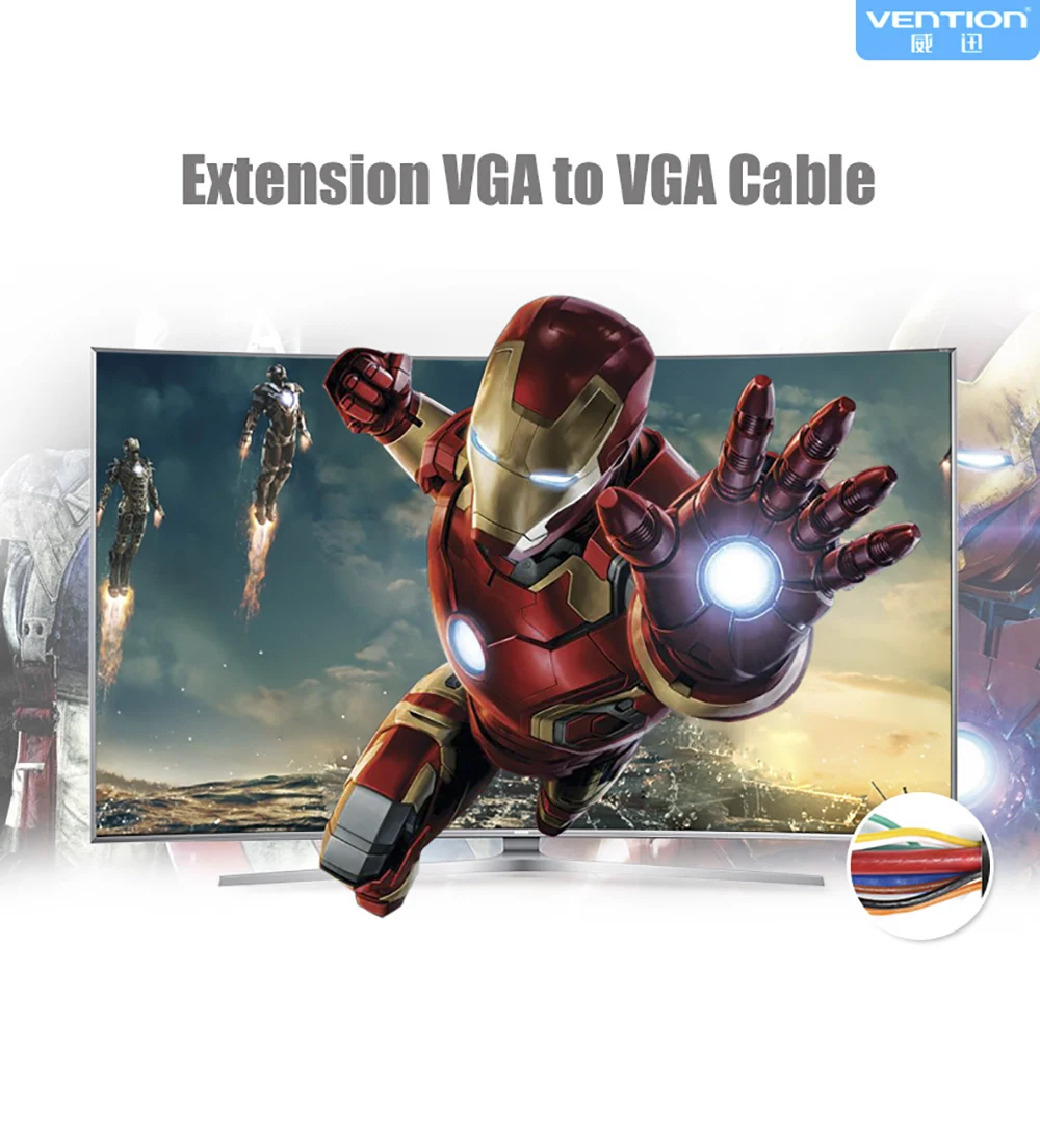 Кабель Vention VGA на VGA позолоченный 2 м 3 м Высокое качество VGA черный кабель для мужчин и женщин(15 вмещает до 15 pin