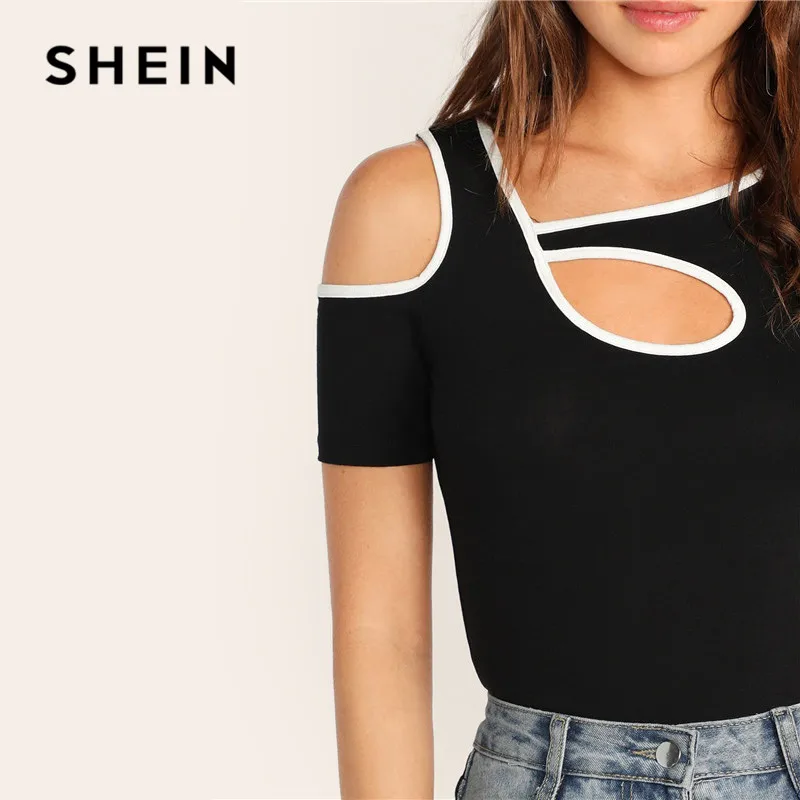 SHEIN Черная Спортивная контрастная облегающая футболка с вырезами женская летняя повседневная облегающая Асимметричная футболка с вырезом Женские топы