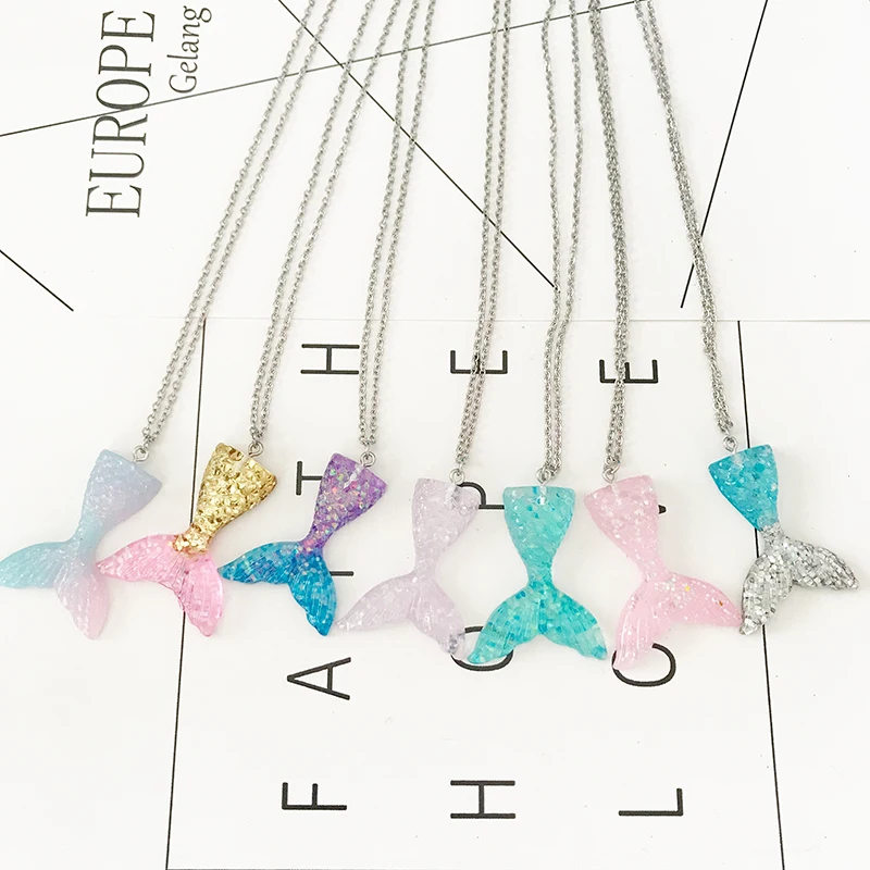 

8pcs/lot Glitter Mermaid Tail Pendant Necklace 45cm 50cm 60cm Stainless Steel Chain Necklace Cute Birthday Gift Handmade