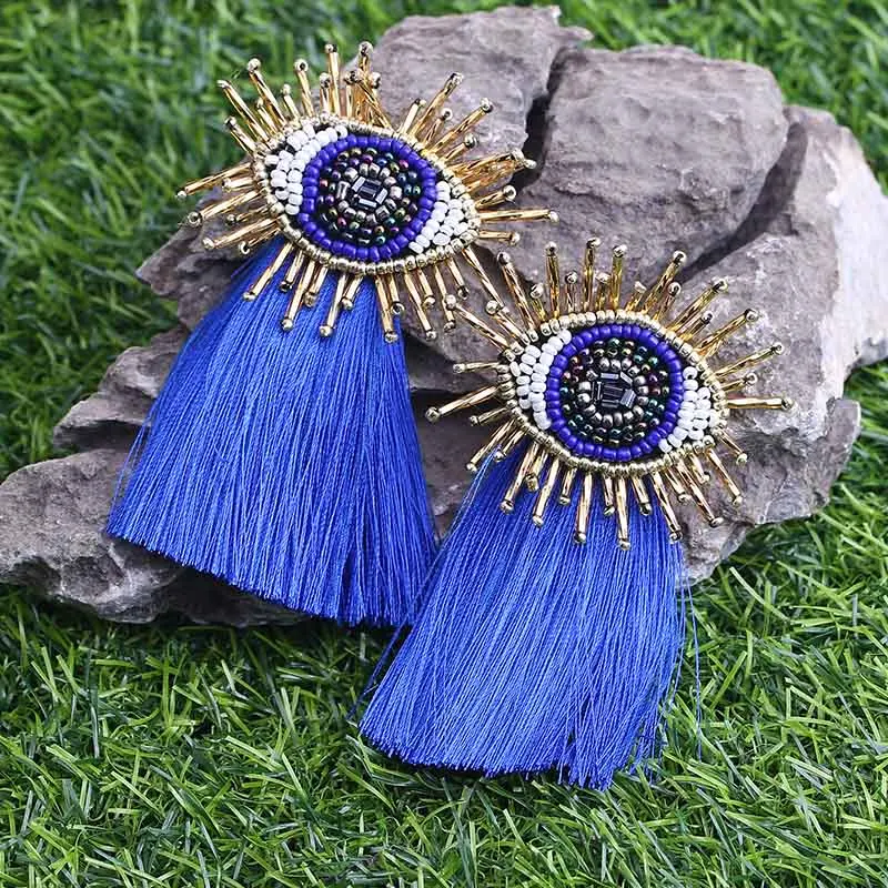 Sehuoran брендовые этнические длинные серьги с кисточками для женщин Boho Eye Beads дизайн Висячие серьги женские массивные украшения Oorbellen подарок