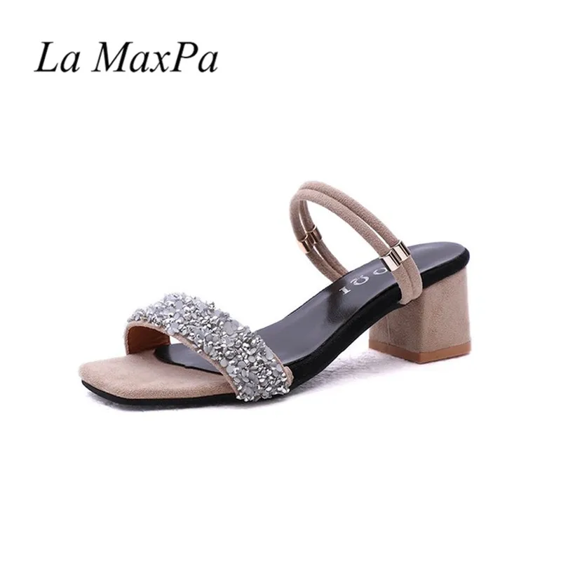 brown sandals Грубые босоножки на высоком каблуке, украшенные камнями; новые летние Стразы Блестки Обувь на толстом каблуке модная верхняя одежда крутые шлепки двойной обувь с ремешком в виде буквы - Цвет: brown sandals