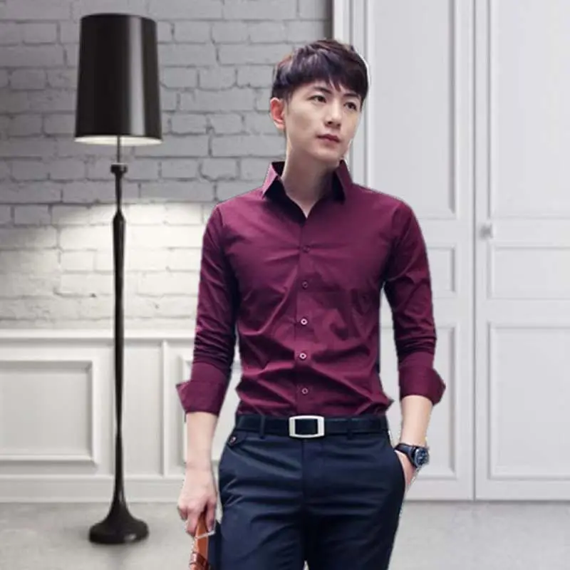 Мужская рубашка-Новинка чистого черного цвета с длинными рукавами рубашка