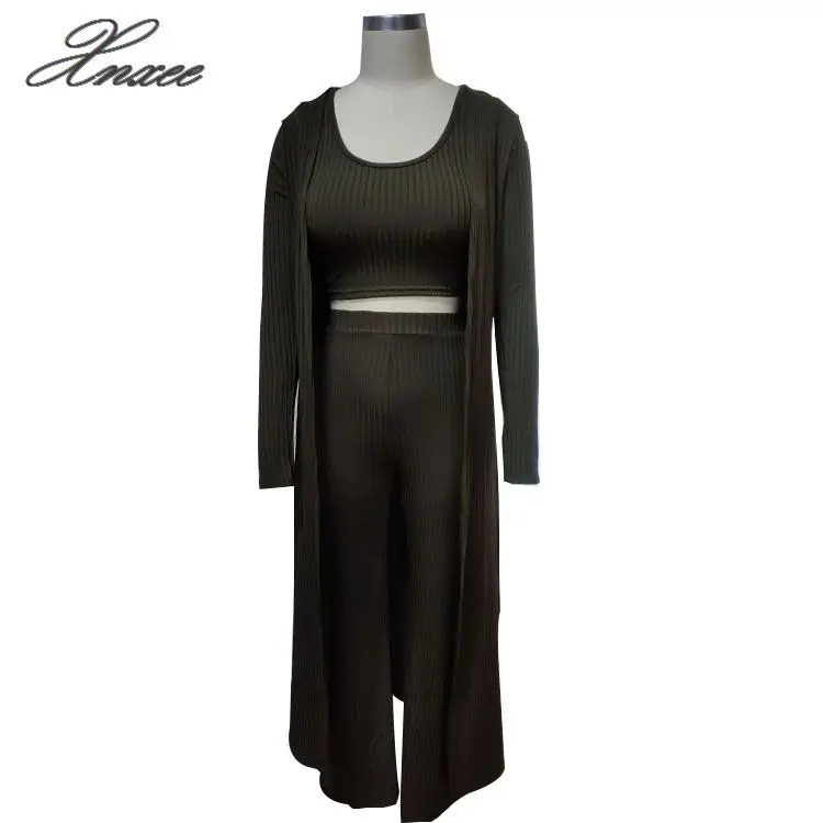 

Women Casual Pants Suits Crop Top Tank Wide Loose Leg Pants Long Sleeve Coat Skinny Bodycon 3PCS Sets Female Three Piece Sets