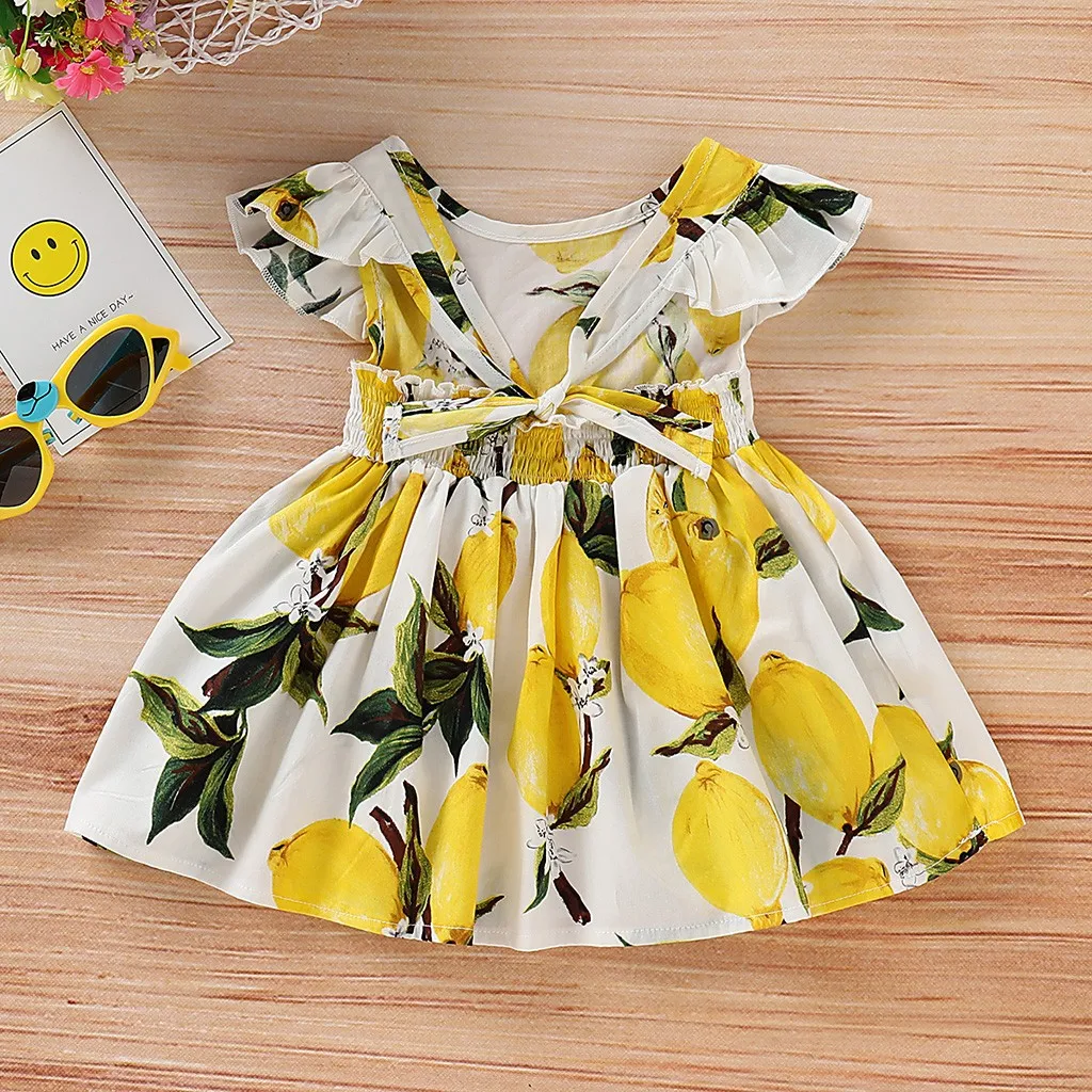 Детское танцевальное платье с рукавами-крылышками и фруктовым принтом для