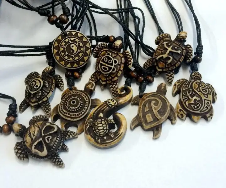 

9 pcs Faux Bone Necklace Men Women Gift Carving Turtle Totem Adjustable Rope