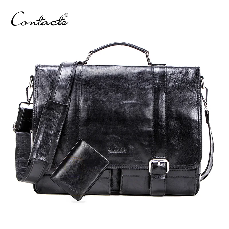 CONTACT'S vegetables leather men briefcase for 13 inch laptop with leather bifold casual business male messenger bag big handbag