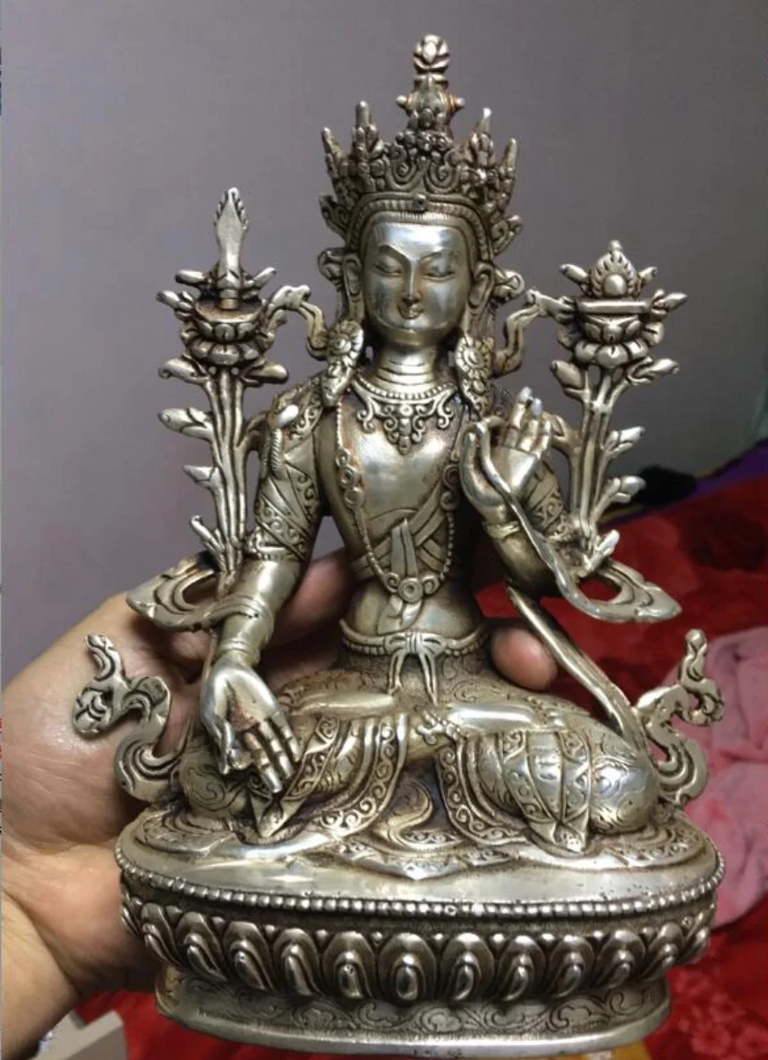 

8 inches Tibet silver copper Buddha statue white tara Tibetan Buddhism