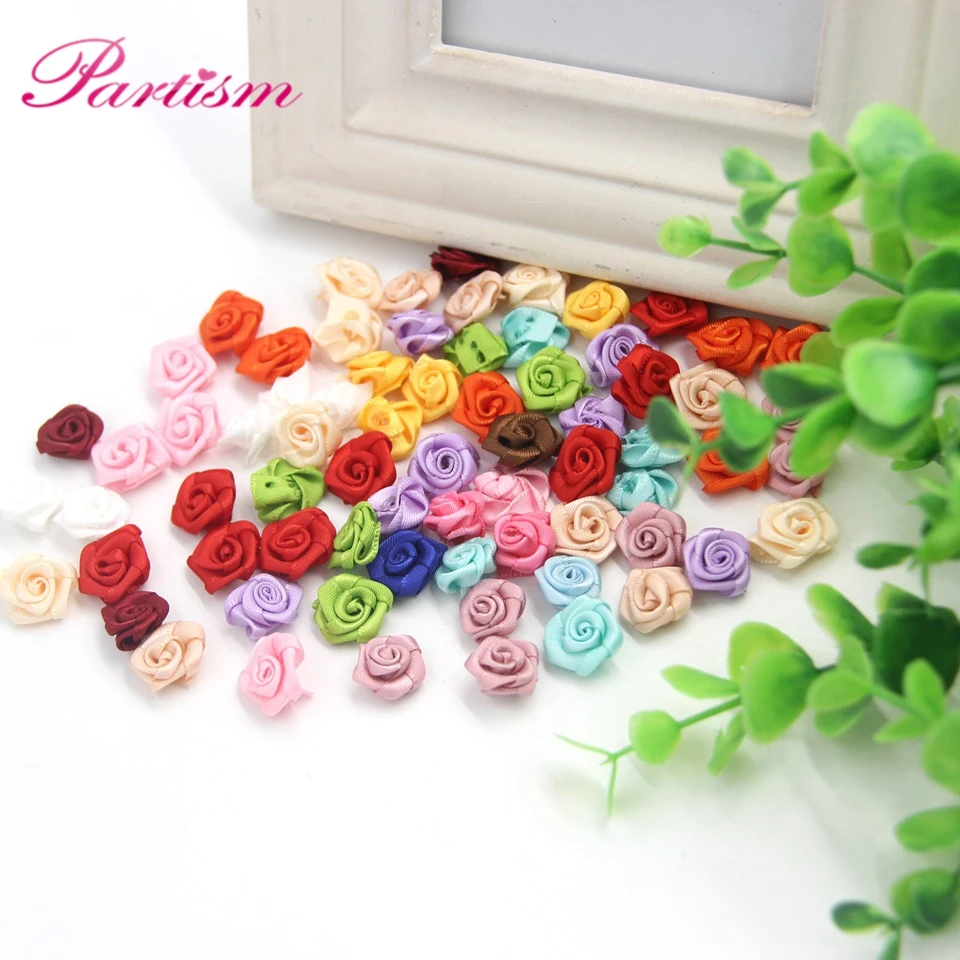 

100PCS/Lot Mini Handmade Satin Rose Ribbon Rosettes Fabric Flower Bow Appliques For Wedding Decoration Craft Sewing Accessories