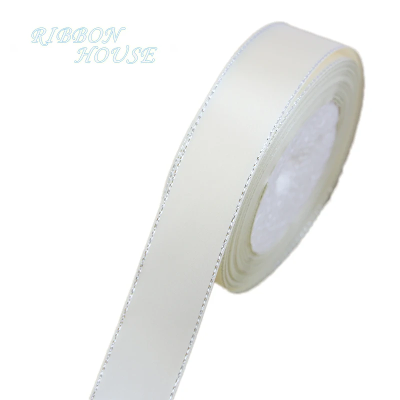 (25 ярдов/рулон) 25 мм цвета слоновой кости Серебряный Край атласная лента оптовая