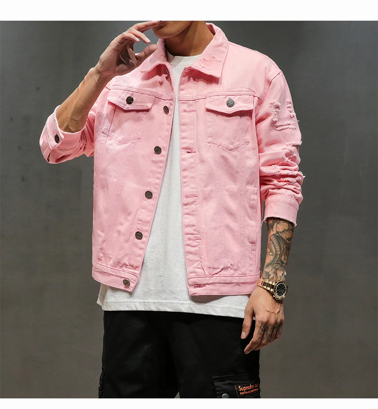 Новинка размера плюс 5XL розовые черные рваные джинсовые куртки в стиле хип-хоп Уличная одежда с дырками Повседневная модная мужская и женская однотонная куртка с потертостями