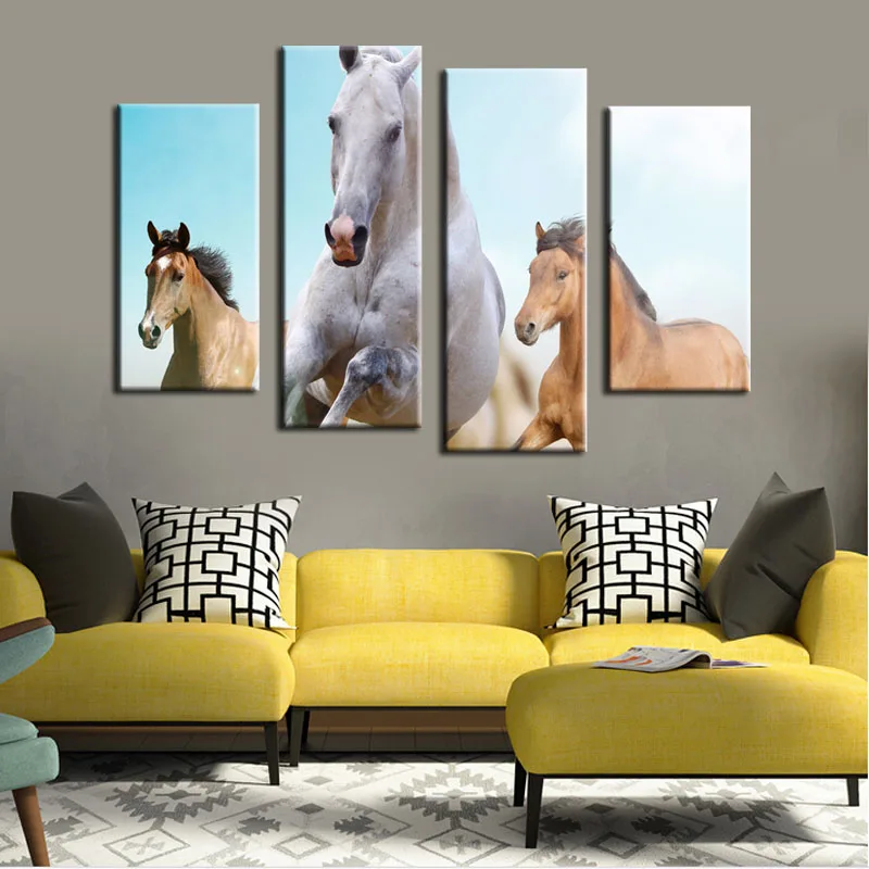 

Hot Selling 4 panel Running White Horse large HD print art canvas painting for modern wall picture home decor