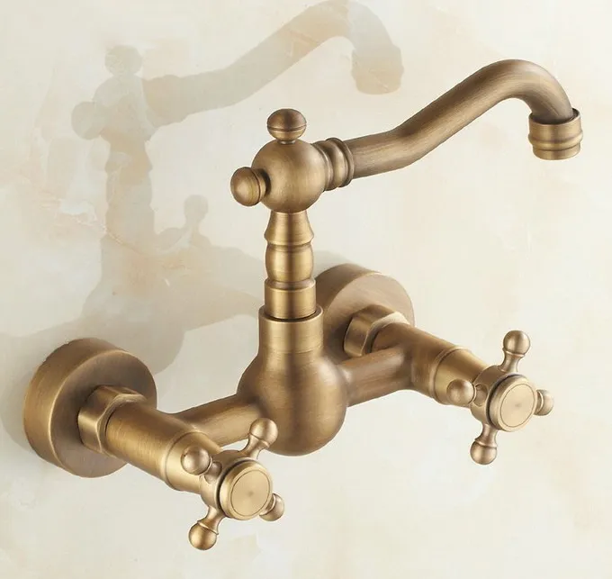 

Antique Brass Wall Mounted Dual Handle Kitchen Sink Faucet Hot and Cold Water Swivel Spout Mixer Tap Csf002