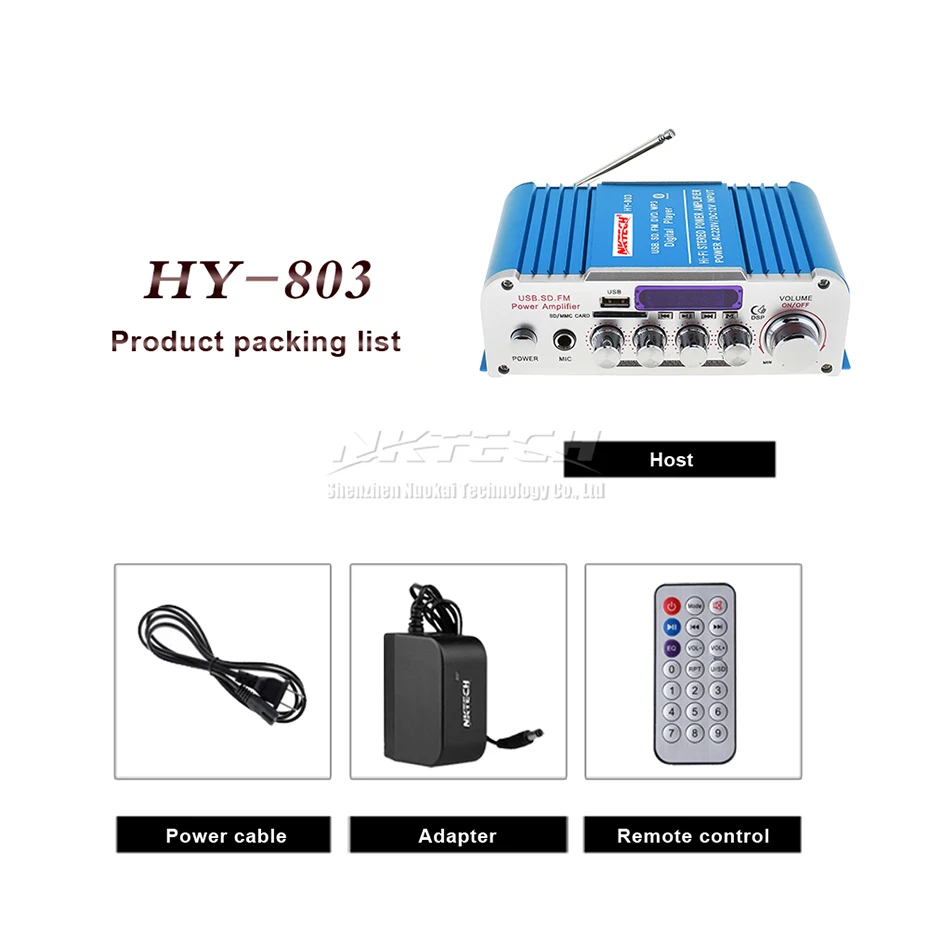 NKTECH HY-803 усилитель Bluetooth Автомобильный цифровой аудио плеер 2x41 Вт Hi-Fi стерео бас USB SD MP3 DVD FM DSP DC12V 220-240 В - Цвет: Blue-With-12V-3A