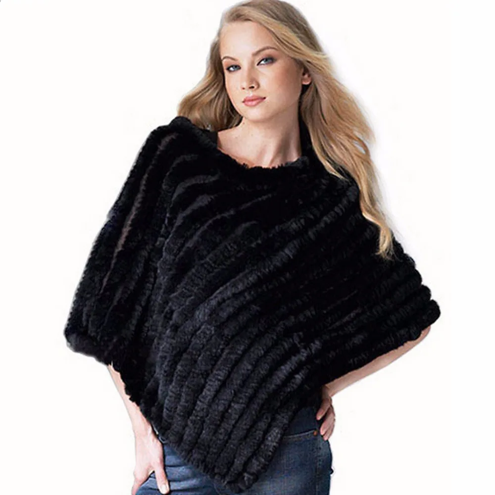 ZY82003 Classics Style Women Winter Fashion Knitted Real Rabbit Fur Warm O-Neck Poncho Many Colors Scarf Outerwear Coat | Женская одежда