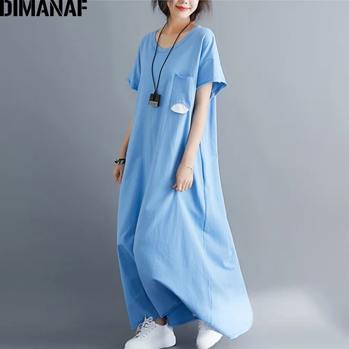 DIMANAF женское платье большого размера, хлопковое женское платье Vestidos, одежда свободного покроя, женское длинное платье макси, одноцветное летнее платье - Цвет: Yi98119CN-lan