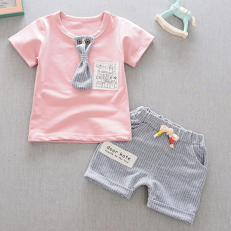 Розовый AmyaBaby/летний комплект одежды для мальчиков, хлопковая футболка+ штаны в полоску, комплект из 2 предметов для маленьких девочек, детская брендовая одежда, комплект одежды для маленьких мальчиков - Цвет: Розовый