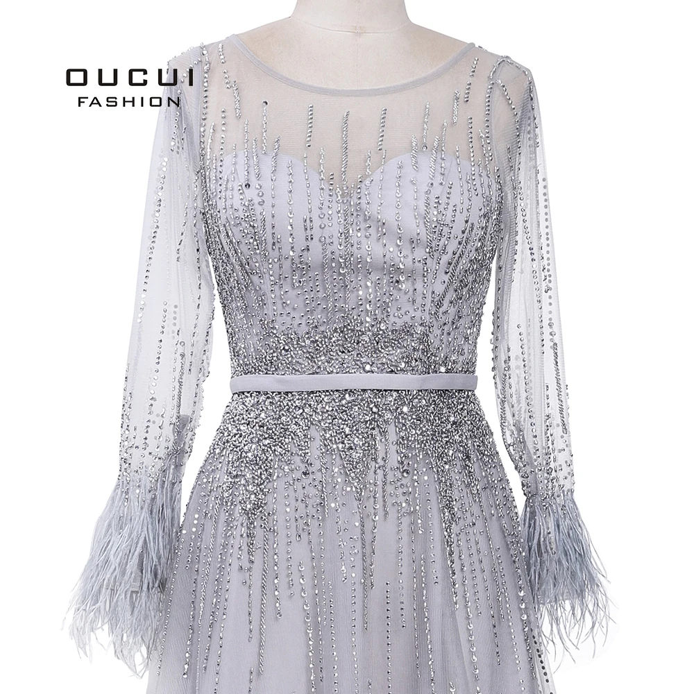 

Sliver Gray Long Sleeves Evening Dresses Arabic Handmade Pearls Feathers Illusion Back Fashion Robe De Soiree 2019 OL103493