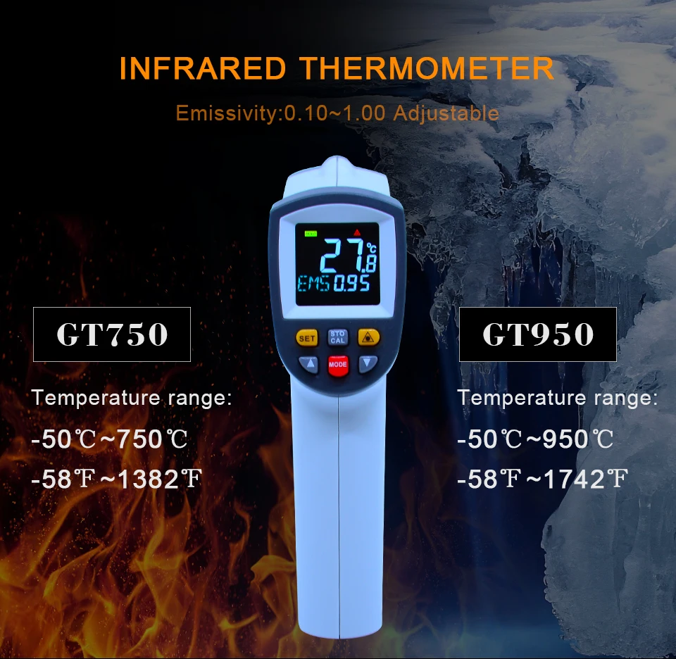 BENETECH цифровой лазерный термометр-50~ 750/950C Бесконтактный лазерный измеритель температуры пирометр ИК точечный пистолет цветной экран