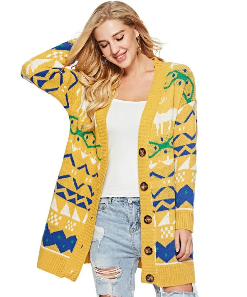 2018 Winter Runway Christmas Knitted Cardigans Coat Women Long Sleeve Poncho Wool Sweater Cartoon Print Fawn Graffiti Cardigan |