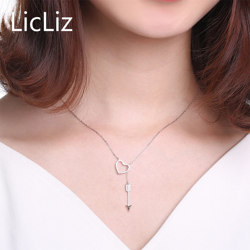 LicLiz Heart Real Pure 925 Sterling Silver Chain Woman Pendant Necklace Femme Arrow Hollow Angel Personalized CLN0234 | Украшения и