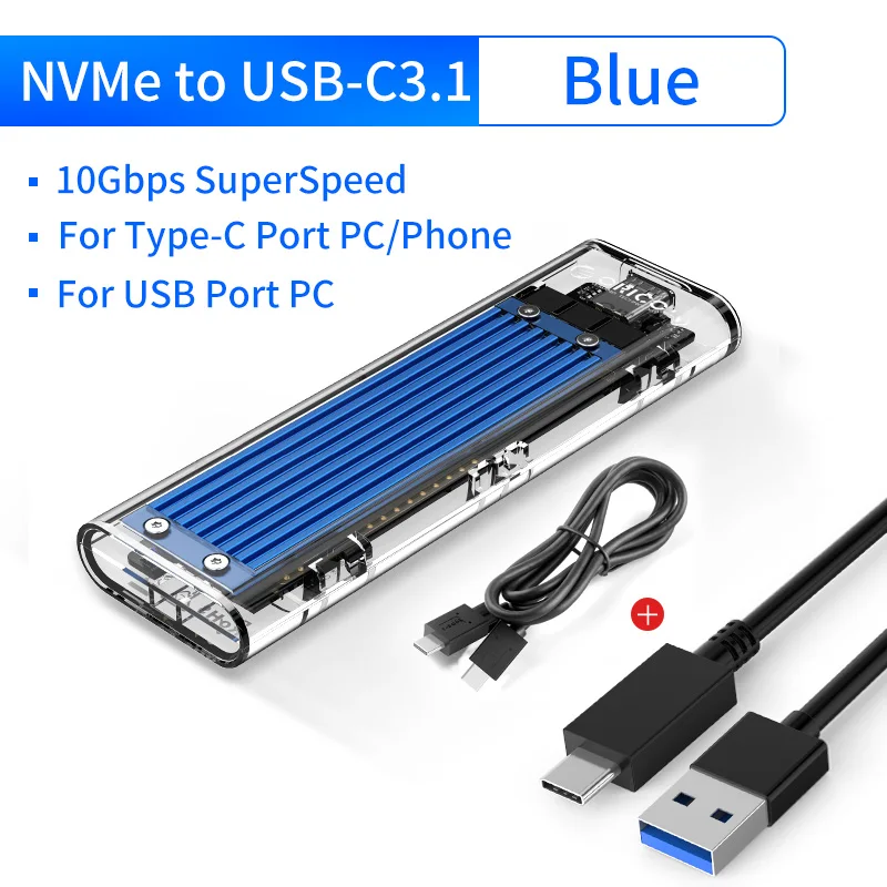 ORICO Mini NVME M.2 на type-c SSD чехол M.2 ключ прозрачный внешний m.2 usb Gen2 10 Гбит/с Поддержка UASP для Samsug SSD - Цвет: Синий
