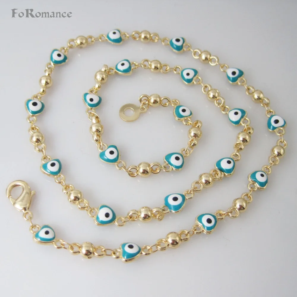 ORDER 10$ GET FREE SHIPPING/ GOLD GP EVIL EYE 18.5&quot NECKLACE 8.3&quot BRACELET SET BLUE ENAMEL BEADS IN HEART SHAPE EYES NEW | Украшения