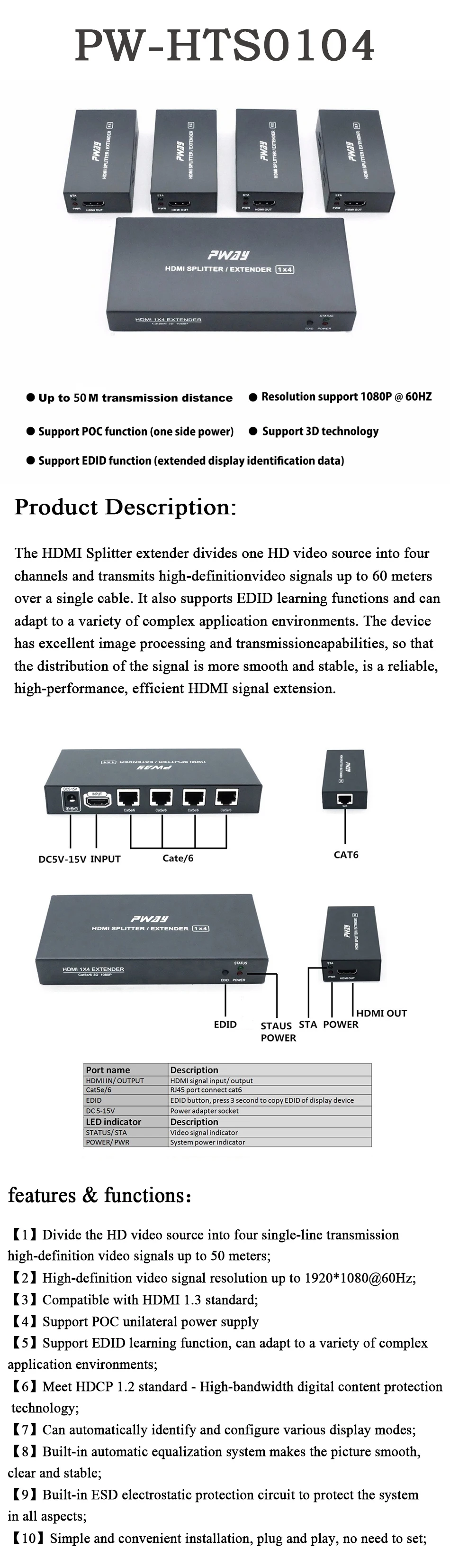 HDMI сплиттер удлинитель матричный Бокс 1 TX 4 RX передатчик приемник Усилитель до 164Ft/50m RJ45 UTP POC& EDID по Cat5e/6/7