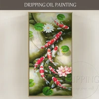 top artist hand painted high quality traditional chinese 9 carps oil painting hand painted lotus and fishes 9 carps oil painting