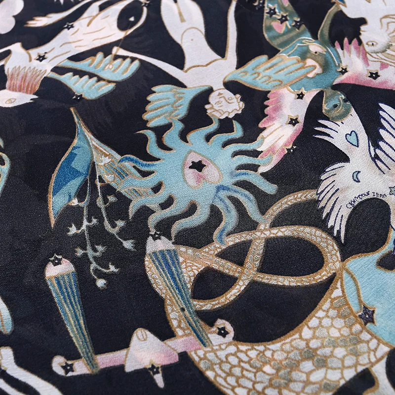 Шелковый шарф женский с цветочным принтом птицами листьями цепочками 100%