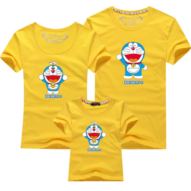 Yellow Doraemon/Новая летняя детская одежда для мальчиков и девочек Свободная Женская футболка с короткими рукавами одинаковые комплекты для отдыха для детей - Цвет: Yellow