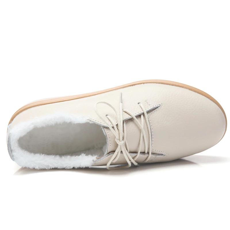 O16U Winter Women Casual Shoes Genuine Leather Lace up Flat Platform Fashion Oxfords Ladies Black Plush Flats Spring | Обувь