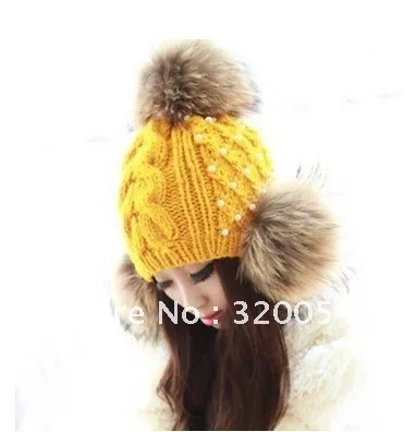 Бесплатная доставка 1 шт. 2013 новая шапка из меха енота зимняя женская вязаная
