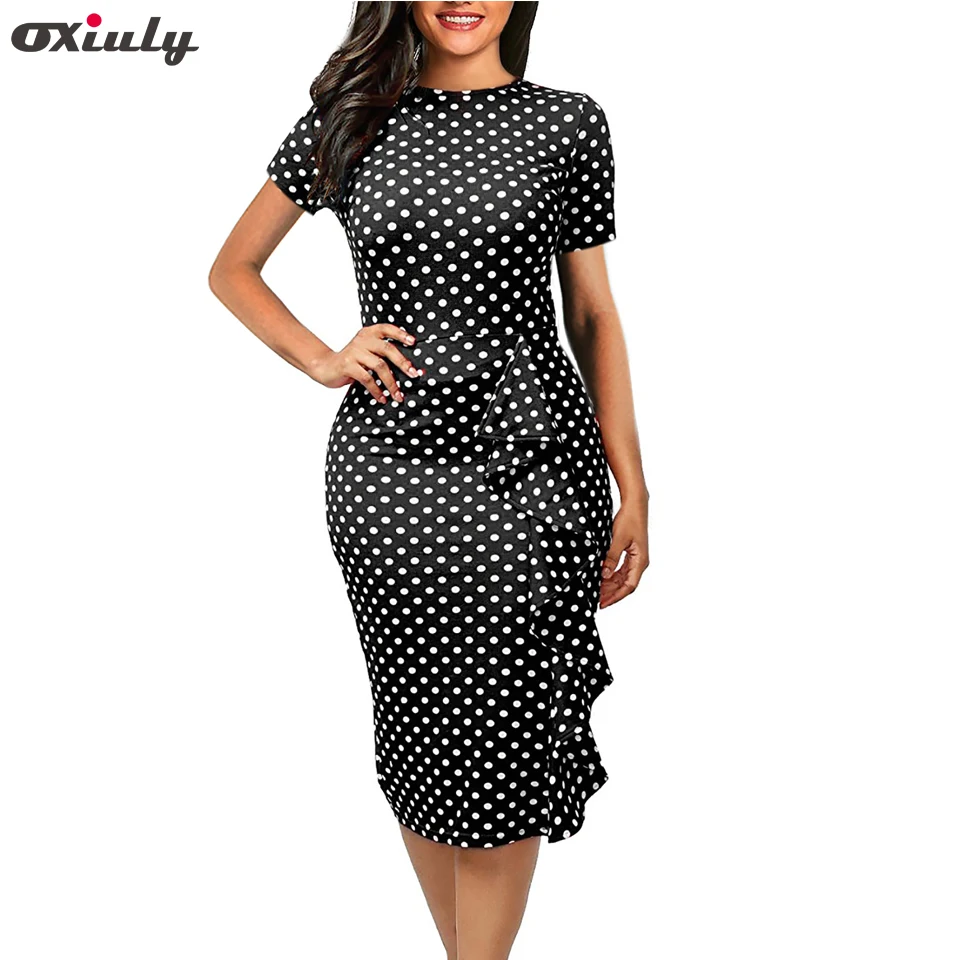 Платье карандаш в горошек с коротким рукавом и круглым вырезом|wear to work|pencil dresspolka