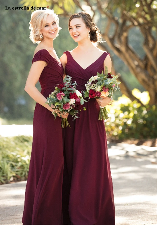 Свадебные вечерние dress2019 Новое шифоновое сексуальное с V-образным вырезом cap рукавом в 2-х стилях Бордовые Платья для подружки невесты Длинные vestido madrinha