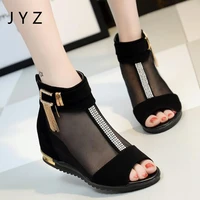 2018 new fashion womens sandals mesh shoes sequined summer height increasing high tops black lady aa0474
