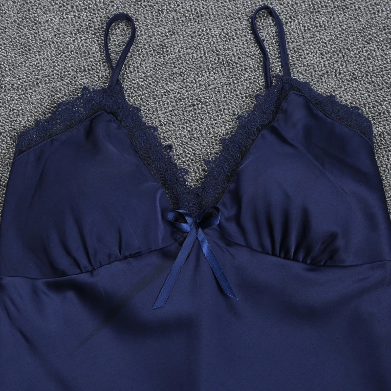 

New Women Sleepwear + Chest Pads Silky Satin Nightgown Plus Size Ladies Lace Sexy Nightwear V Neck Sling Women Sleepwear Dress