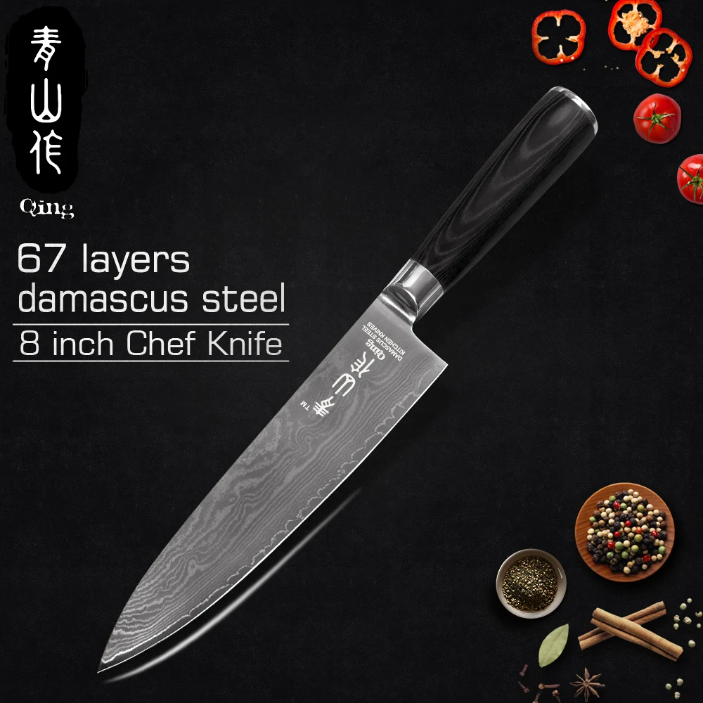 QING Japan VG10 дамасский шеф повар кухонный нож с цветной деревянной ручкой