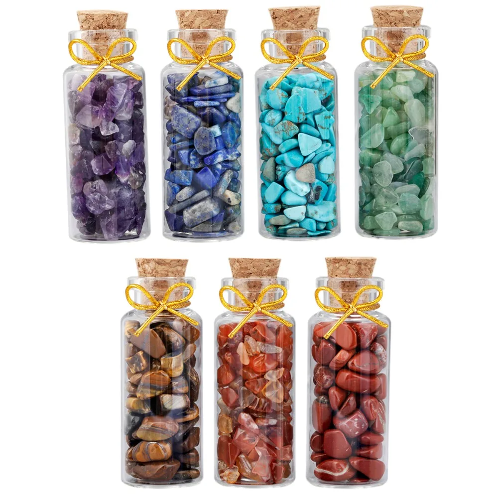 TUMBEELLUWA 1Lot (7Pc) Mini Wish Bottles Tumbled Stones Chips Healing Crystal Reiki Wicca Stones Set