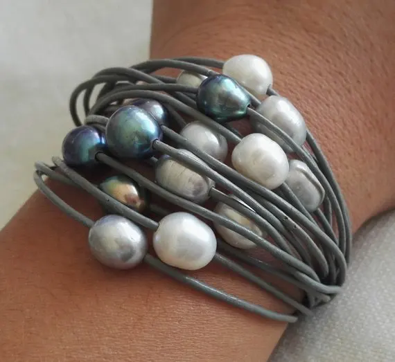 Уникальный Магазин бижутерии с жемчугом 15 нитей серый цвет кожаный шнур