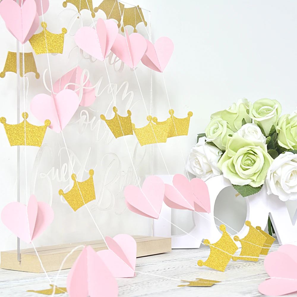 Бумажная гирлянда 2 м розовое золото с блестками 3d Корона сердцем вечерние
