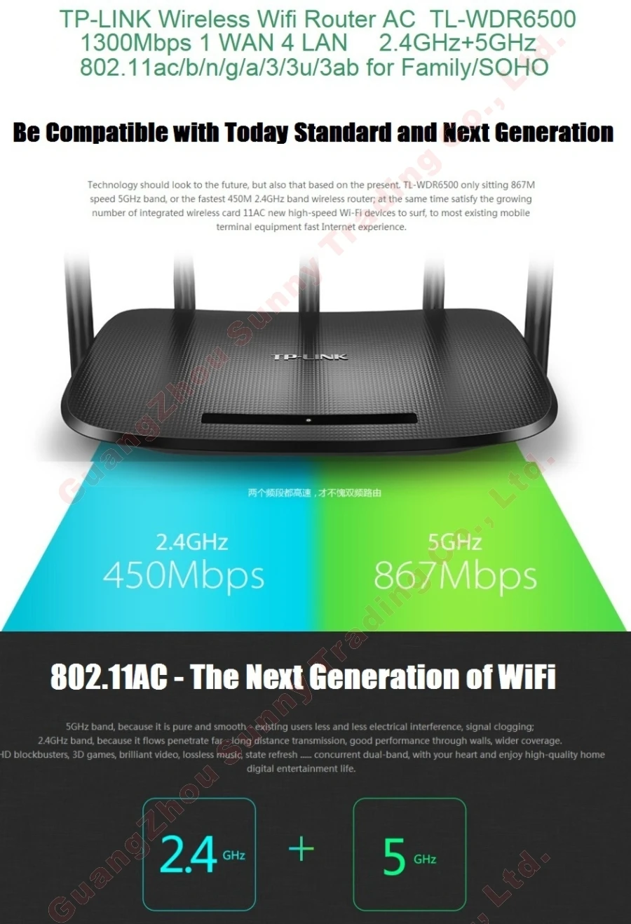 [Без цветной коробки] Chin-прошивка 5*100 Мбит/с порты TP-LINK AC1300 Беспроводной двухдиапазонный 2,4G+ 5 ГГц WiFi маршрутизатор 11AC беспроводной роутер AP WDS