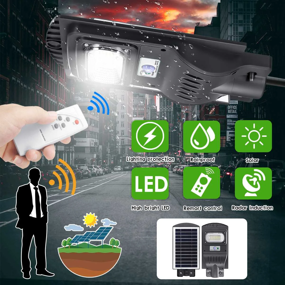 60/90/150W LED Wall Lamp IP65 Solar Street Light Radar motion 2 In 1 Constantly bright& Induction Solar Sensor Remote Control