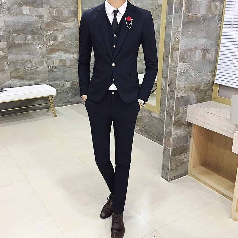Мужской однотонный костюм из 3 предметов высококачественный Модный облегающий