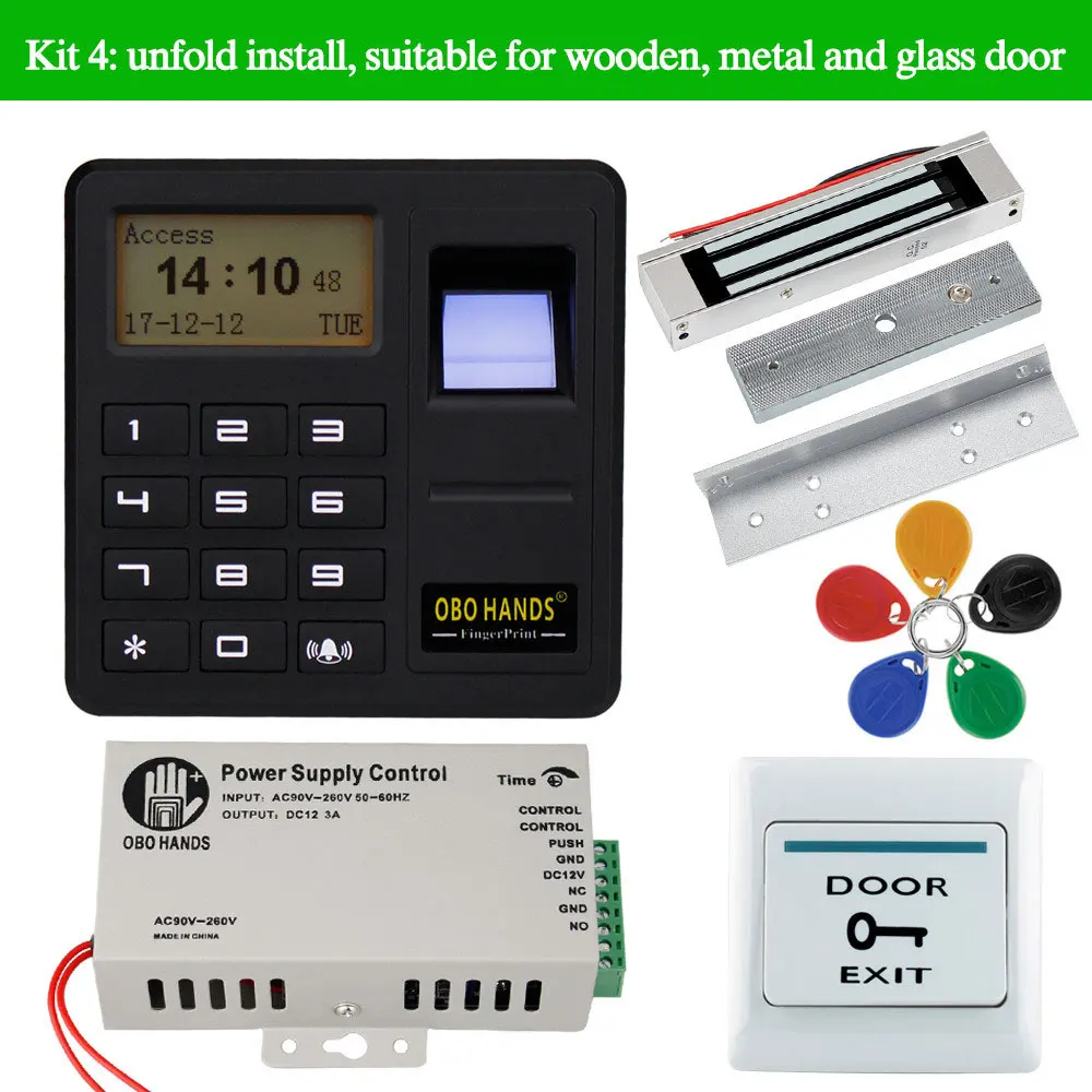 Kit4 OBO HANDS rfid биометрическая система контроля доступа отпечатков пальцев комплект Электрический магнитный/болт/ударный замок для двери+ источник питания полный комплект - Цвет: Kit4