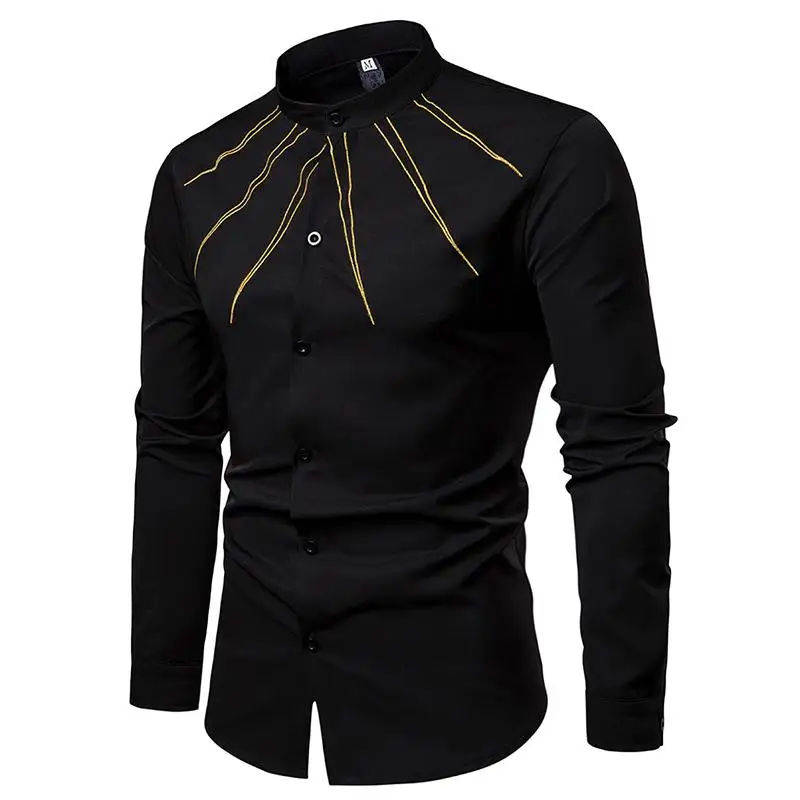 Новая модель рубашки с воротником-стойкой белый черный Camisa социальной Мужская рубашка уникальный золотой дизайн Блузка мужская одежда Slim fit