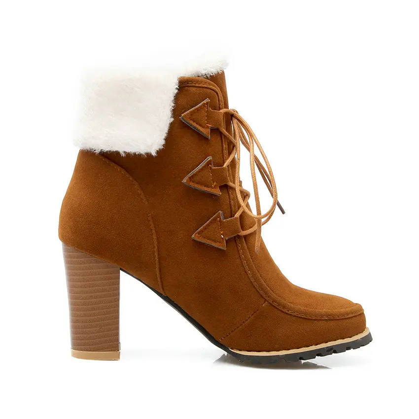 Eokkar 2019 Fur Women Ankle Boots Round Toe Winter Warm Lace Up Casual Square Heel Black Flock Motorcycle Size 34-43 | Обувь