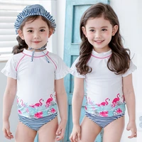 girls 2 pieces swim suits flamingos pattern sweet baby girl swimsuit toddler sun proof short sleeve swimwear children kids hat