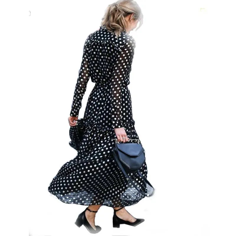 Женское платье-макси в горошек с V-образным вырезом и длинным рукавом - купить по