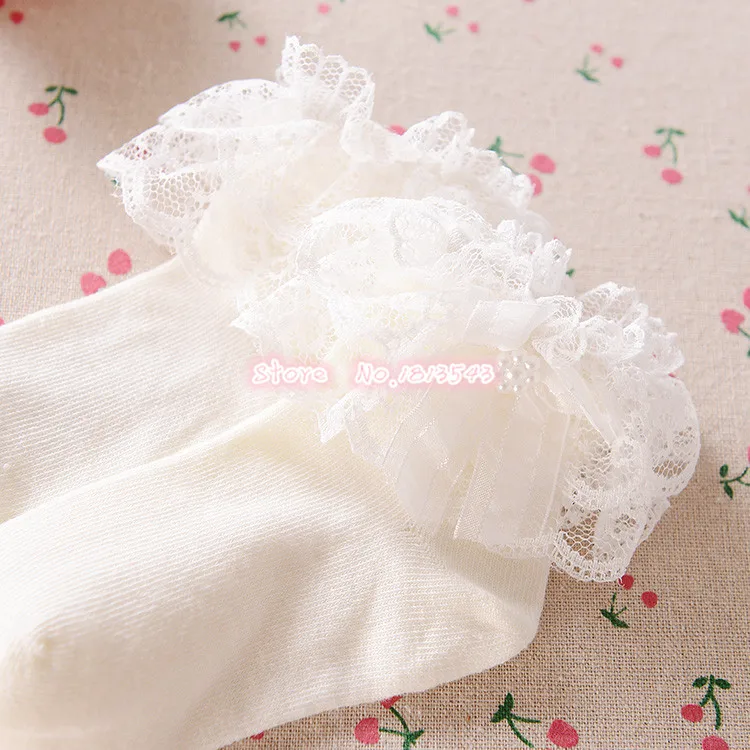 New 2017 children girls ribbon bow double lace socks with lttle pearl cute beautiful princess cotton 5 size S M L XL XXL|socks 5|girl socksgirl |