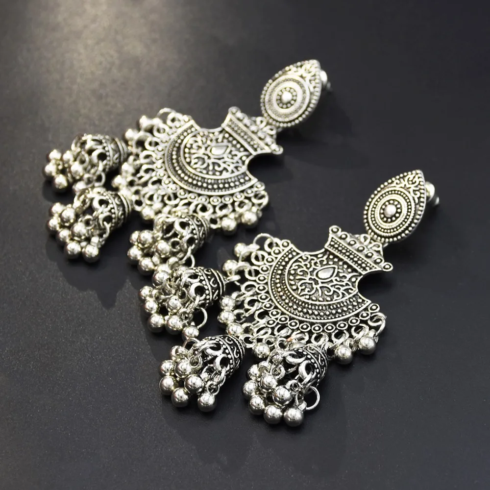 Индийские серьги для женщин окисленные большие длинные подвески Jhumka с